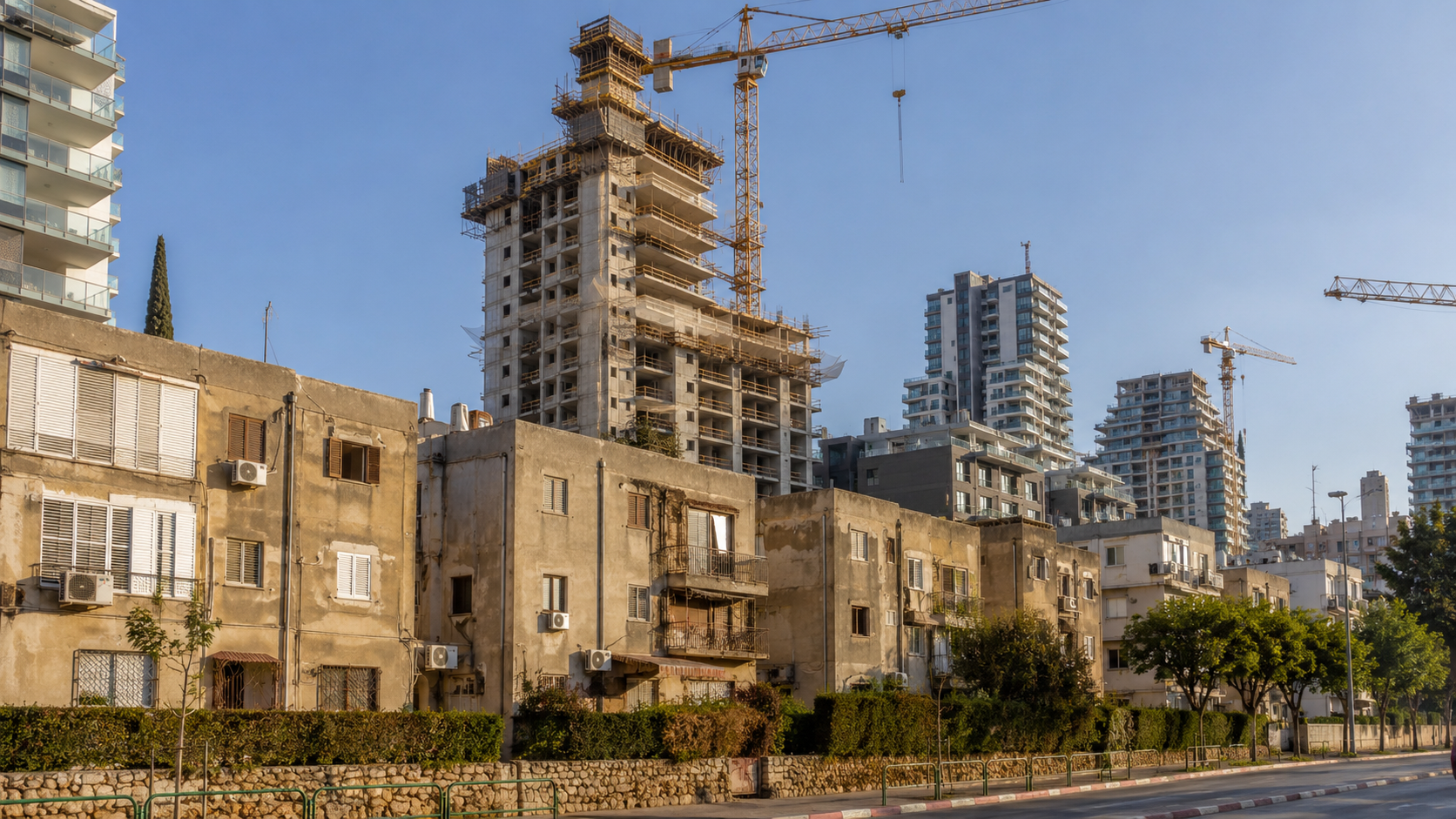 אתר בנייה של פרויקט פינוי בינוי בחדרה, נופים ובניין מגורים חדש בשלבי הקמה לצד בנייני מגורים ישנים