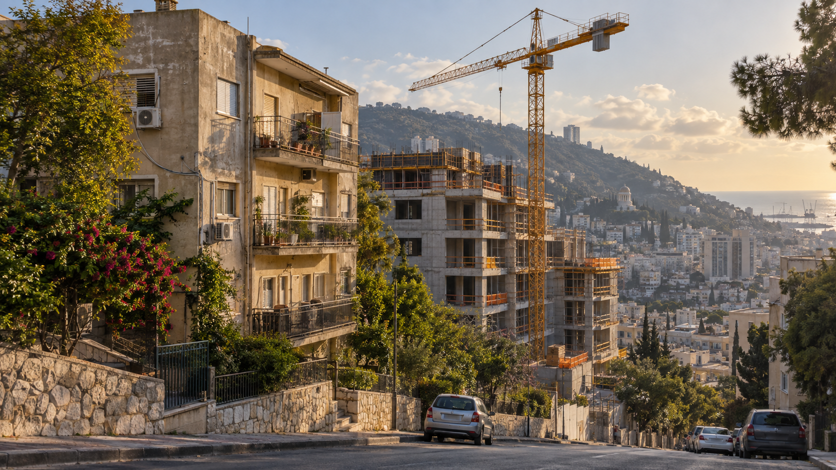 בניין מגורים ישן בחיפה לצד אתר בנייה של פרויקט פינוי בינוי