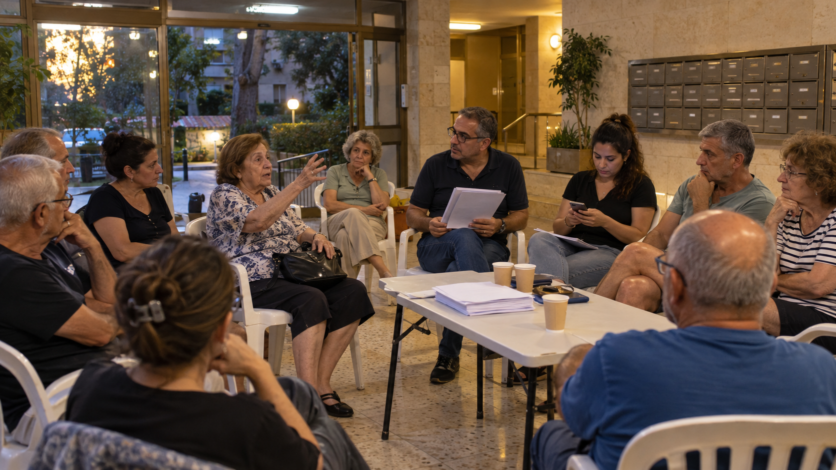 אספת דיירים בלובי של בניין ישן לבחירת נציגות דיירים לפינוי בינוי