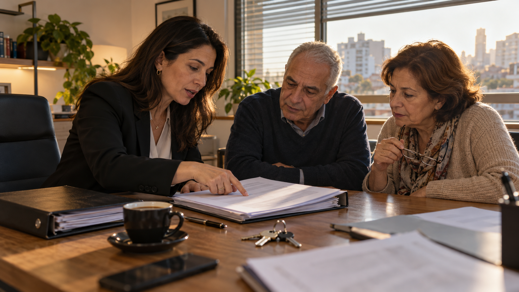 זוג דיירים בודק ערבויות בפינוי בינוי עם עורכת דין לפני מסירת מפתחות הדירה